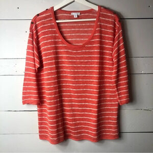 J. Jill Orange/Coral White Striped Linen Blend Knit 3/4 Sleeve Size Small